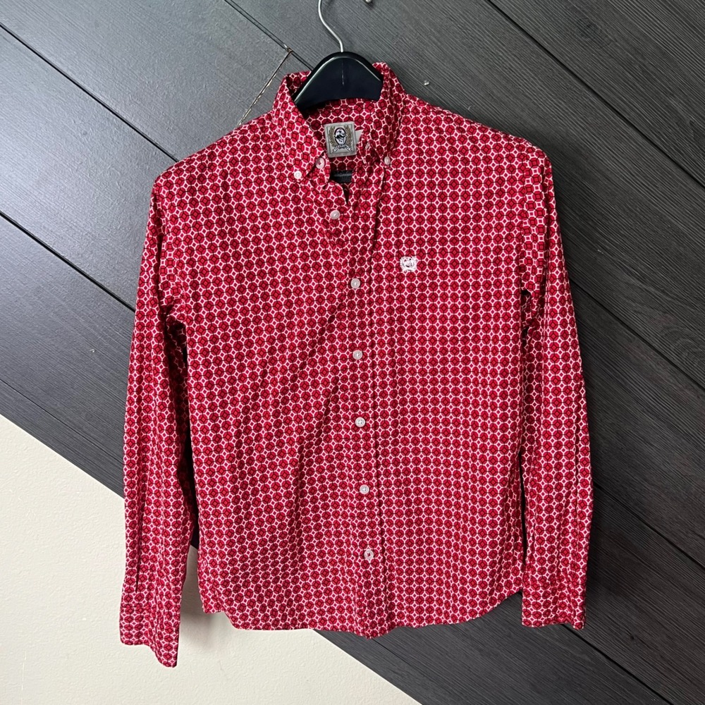 Cinch Boys Western Button Front Shirt Red Geometric Print Youth Large